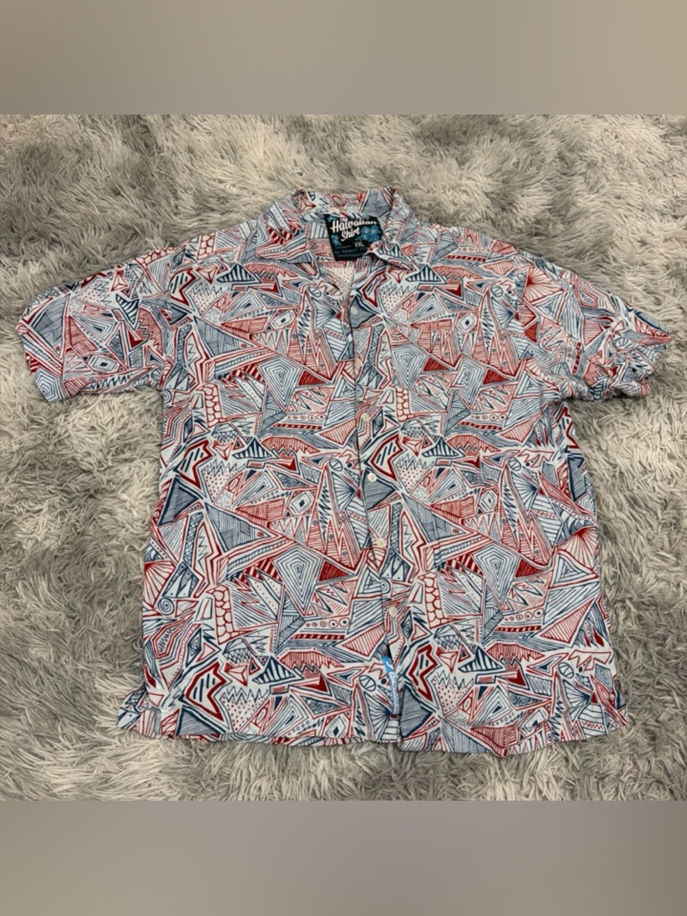 The Rowdy Gentleman Hawaiian Shirt Red White Blue Abstract Geo Button Up 2XL